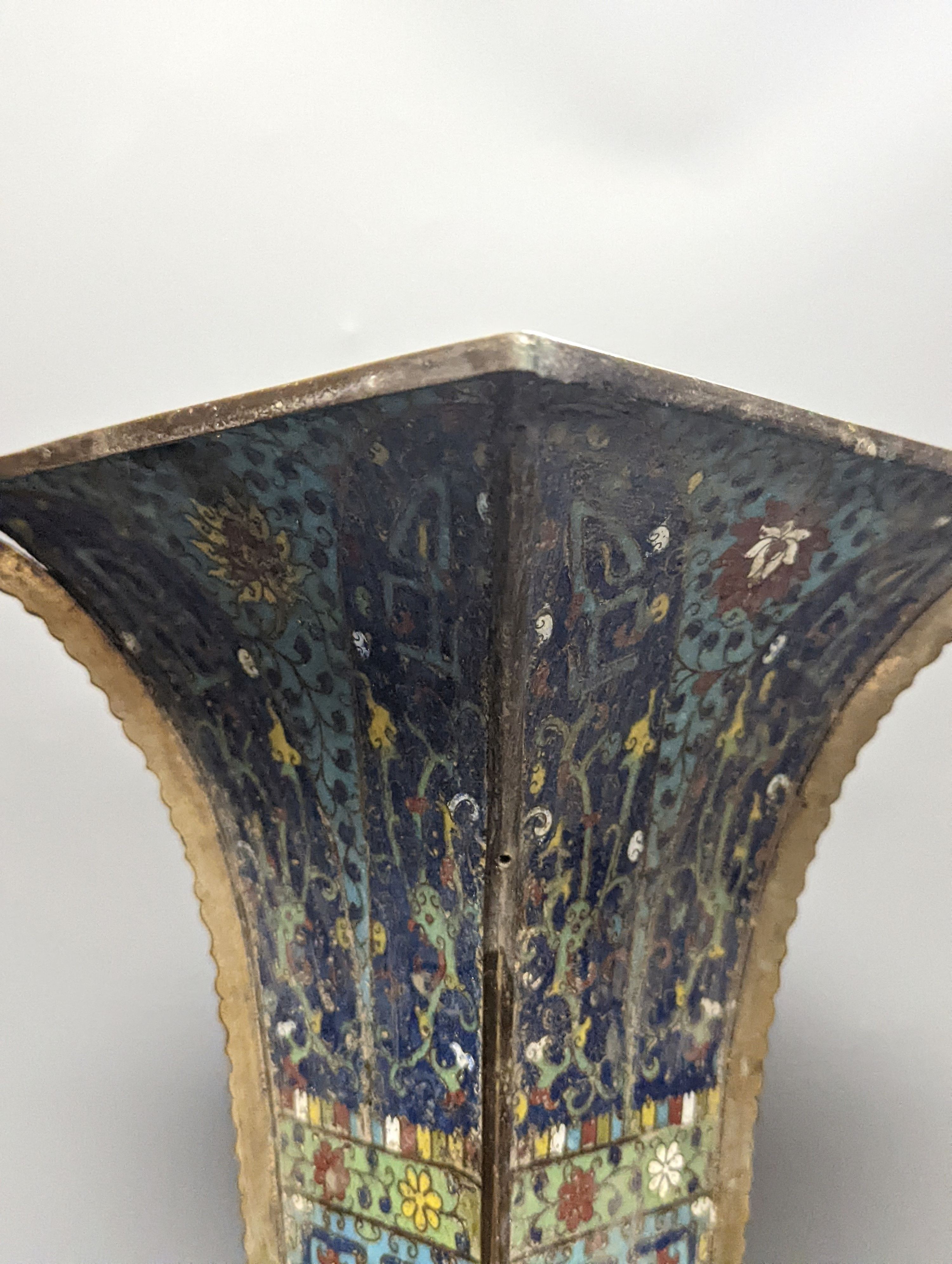 A large Chinese cloisonné enamel and bronze mounted vase, fangzun, late Qing dynasty 42cm